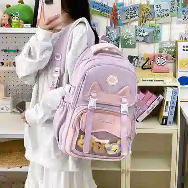 單倉 时尚潮流可爱甜美高级舒适轻便耐磨学院风背包初高中学生大容量通勤百搭书包 斜纹布 双肩包 常规 女款 粉色/紫色/蓝色/绿色/黑色
