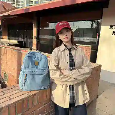 單倉 复古简约个性初高中学生大容量轻便百搭书包 牛仔布 背包双肩包 常规 男女同款情侣款 黑色/浅蓝色/深蓝色
