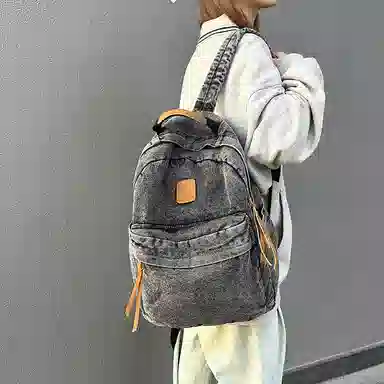 單倉 复古简约个性初高中学生大容量轻便百搭书包 牛仔布 背包双肩包 常规 男女同款情侣款 黑色/浅蓝色/深蓝色