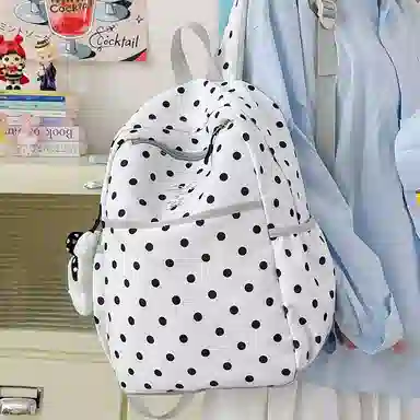 單倉 高颜值可爱波点设计通勤百搭学院风背包小众设计大容量轻便 尼龙 双肩包 常规 女款 黑色/白色