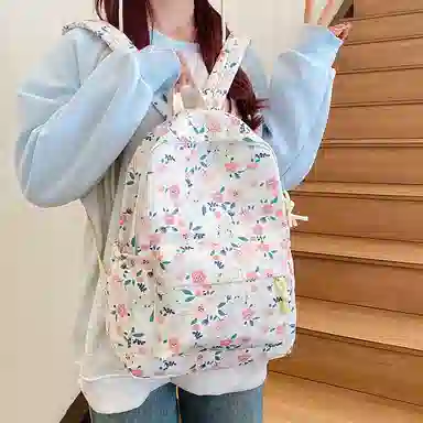 單倉 复古小碎花书包可爱洋气慵懒风背包大学生休闲百搭 尼龙 双肩包 男女同款情侣款 米白色/绿色