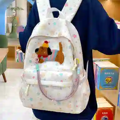 單倉 可爱腊肠狗波点初高中学生书包百搭背包 尼龙 双肩包 常规 女款 多色