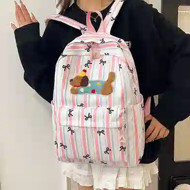 單倉 可爱条纹蝴蝶结腊肠狗小清新设计学院风背包初高中学生大容量轻便耐磨书包 尼龙 双肩包 常规 女款 粉色/蓝色/黑色
