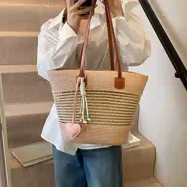 單倉 海边度假沙滩包时尚百搭草编腋下 编织 托特包手提单肩包 女款 卡其色/米白色/粉色/绿色