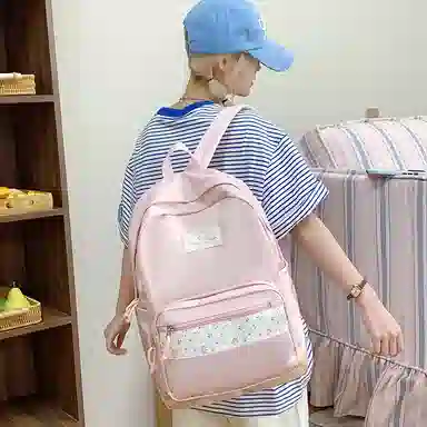 單倉 高颜值小清新印花设计通勤百搭学院风背包初高中轻便耐磨 尼龙布 双肩包 女款 白色/粉色/蓝色/绿色/黑色