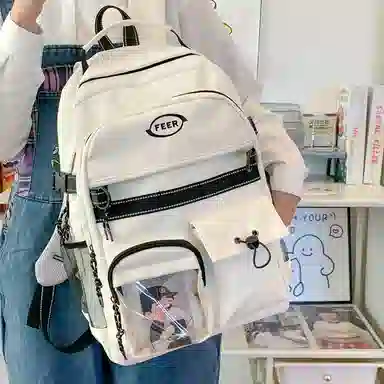 單倉 工装风小众设计感初高中学生百搭大容量轻便书包 复合布 背包双肩包 男女同款情侣款 白色/黑色