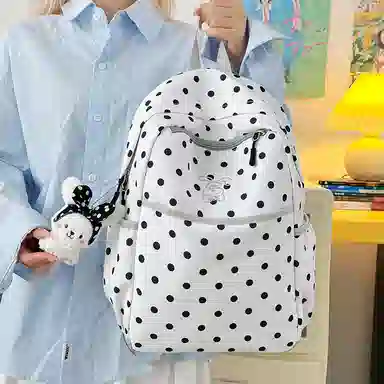 單倉 高颜值可爱波点设计通勤百搭学院风背包小众设计大容量轻便 尼龙 双肩包 常规 女款 黑色/白色
