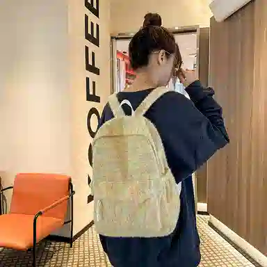 單倉 日系高颜值毛绒针织韩版通勤百搭多巴胺大容量初高中学生书包小众设计 尼龙 背包双肩包 女款 黄色/绿色/白横条/红横条
