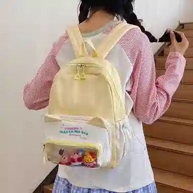單倉 可爱韩系猫咪耳朵出游森系背包初高中学生大容量轻便耐磨书包黄色/粉色/蓝色/黑色  尼龙 双肩包痛包 常规 女款