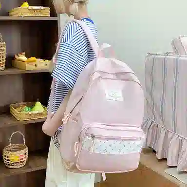 單倉 高颜值小清新印花设计通勤百搭学院风背包初高中轻便耐磨 尼龙布 双肩包 女款 白色/粉色/蓝色/绿色/黑色