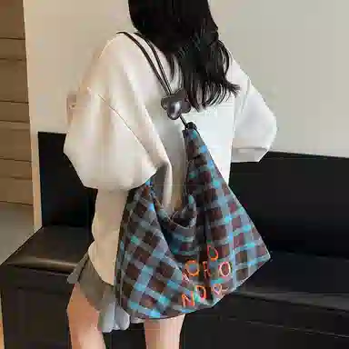 單倉 复古休闲慵懒风格子时尚设计轻便耐磨腋下斜挎包学院风初高中学生通勤百搭 布 单肩包 常规 女款 绿色/蓝色/黑色