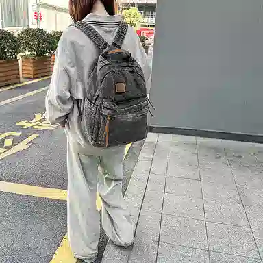 單倉 复古简约个性初高中学生大容量轻便百搭书包 牛仔布 背包双肩包 常规 男女同款情侣款 黑色/浅蓝色/深蓝色