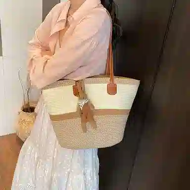 單倉 编织海边沙滩托特包 草编 手提单肩包 女款 卡其色/黑色