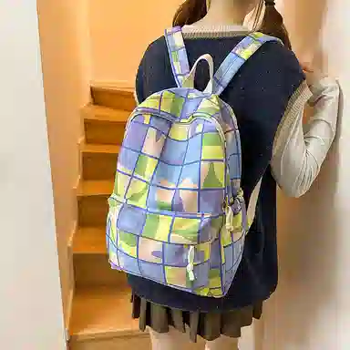 單倉 多巴胺七彩初高中学生复古格子通勤百搭大容量 尼龙 背包书包双肩包 女款 蓝绿色/紫粉色/蓝紫色/蓝白色