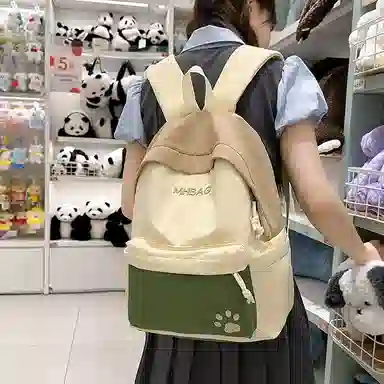 單倉 高颜值时尚撞色设计学院风通勤百搭背包旅行简约初高中学生大容量轻便耐磨书包 尼龙 双肩包 常规 女款 米白色/卡其色/黄色
