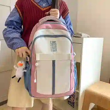 單倉 小众设计初高中学生大容量书包韩版撞色背包 尼龙 双肩包 常规 男女同款情侣款 深蓝色/黑色/粉红色/酒红色/黄色/薄荷绿色