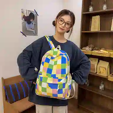 單倉 多巴胺七彩初高中学生复古格子通勤百搭大容量 尼龙 背包书包双肩包 女款 蓝绿色/紫粉色/蓝紫色/蓝白色