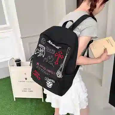 單倉 日系潮酷通勤百搭学院风设计背包初高中学生大容量轻便耐磨 帆布 双肩包 男女同款情侣款 红色/黑色