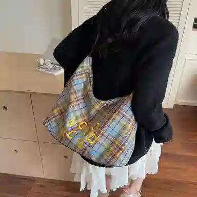 單倉 复古休闲慵懒风格子时尚设计轻便耐磨腋下斜挎包学院风初高中学生通勤百搭 布 单肩包 常规 女款 绿色/蓝色/黑色