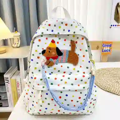單倉 可爱腊肠狗波点初高中学生书包百搭背包 尼龙 双肩包 常规 女款 多色