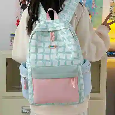 單倉 可爱格子小清新学院风通勤百搭 尼龙 双肩包 常规 女款 粉拼绿色/黄拼蓝色