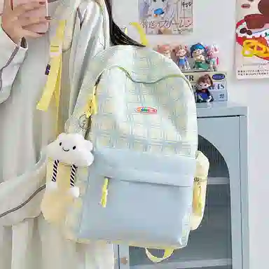 單倉 可爱格子小清新学院风通勤百搭 尼龙 双肩包 常规 女款 粉拼绿色/黄拼蓝色