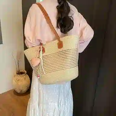 單倉 海边度假沙滩包时尚百搭草编腋下 编织 托特包手提单肩包 女款 卡其色/米白色/粉色/绿色
