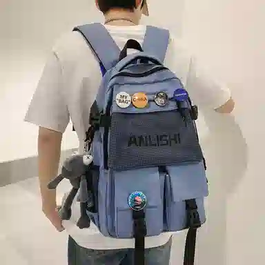 單倉 港风潮流初高中学生大容量轻便书包 尼龙 背包双肩包 男女同款情侣款 黑色/白色/蓝色/灰色
