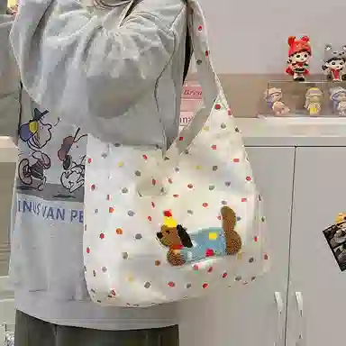 單倉 韩系波点腊肠狗可爱设计斜挎包通勤百搭手提包 涤纶 单肩包 常规 女款 白色/米白色/黑色