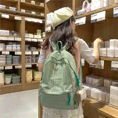 單倉 小清新高颜值格子双肩包初高中学生百搭通勤学院风 织物 书包背包 女款 浅绿格/墨绿格/浅粉格/浅黄格/黑格