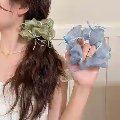 水中玉 温柔缎面蝴蝶结网纱大肠发圈扎头发绳慵懒风高弹力头饰 皮筋 头绳 女款