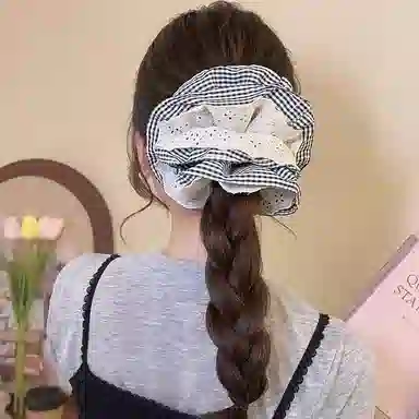 水中玉 韩系花边格子大肠发圈高级感超大号气质丸子头发绳头饰 皮筋 头绳 女款