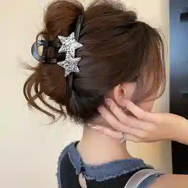 水中玉 闪钻星星抓夹高级感后脑勺盘发大号鲨鱼夹夹子发卡头饰 亚克力 发夹 女款