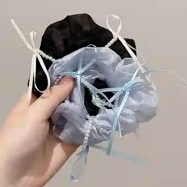 水中玉 温柔缎面蝴蝶结网纱大肠发圈扎头发绳慵懒风高弹力头饰 皮筋 头绳 女款