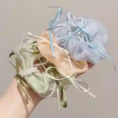 水中玉 温柔缎面蝴蝶结网纱大肠发圈扎头发绳慵懒风高弹力头饰 皮筋 头绳 女款