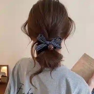 水中玉 格纹蝴蝶结圆珠小肠发圈扎头发绳韩系高马尾丸子头皮筋头饰#好运 布艺 头绳 女款