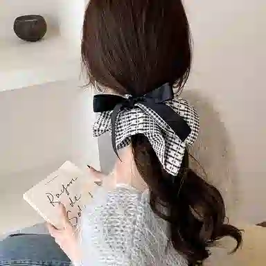 水中玉 韩系百搭格纹蝴蝶结方巾大肠头绳高级感发饰发绳 皮筋 发圈 女款