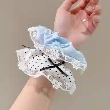 水中玉 韩系奶油波点大肠发圈蕾丝飘带蝴蝶结花边发绳扎头发饰 皮筋 头绳 女款