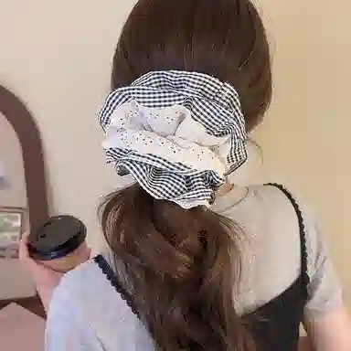 水中玉 韩系花边格子大肠发圈高级感超大号气质丸子头发绳头饰 皮筋 头绳 女款