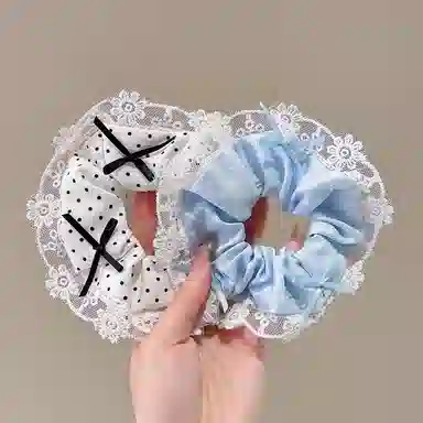 水中玉 韩系奶油波点大肠发圈蕾丝飘带蝴蝶结花边发绳扎头发饰 皮筋 头绳 女款