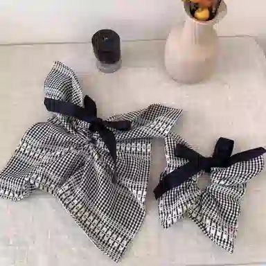 水中玉 韩系百搭格纹蝴蝶结方巾大肠头绳高级感发饰发绳 皮筋 发圈 女款