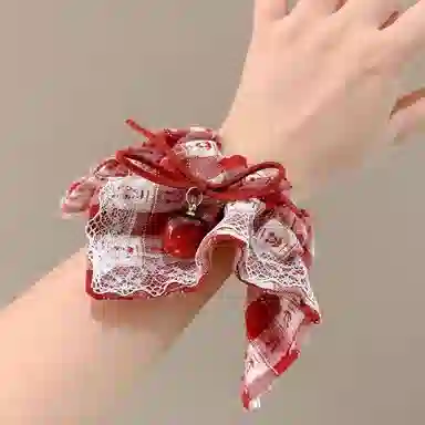 水中玉 樱桃蕾丝蝴蝶结格子方巾大肠发圈发饰扎头发绳头饰 皮筋 头绳 女款