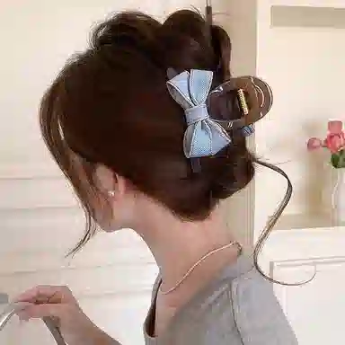 水中玉 牛仔蝴蝶结盘发半扎发高级感后脑勺鲨鱼 亚克力 发夹 女款