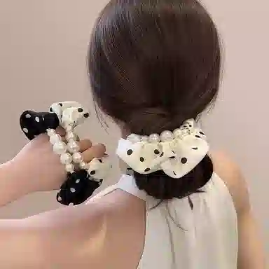 水中玉 温柔气质缎面仿珍珠大肠发圈扎头低马尾丸子头发饰 布艺 头绳 女款