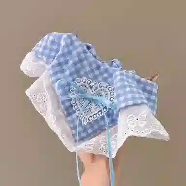 水中玉 蓝色格子蝴蝶结蕾丝方巾大肠发圈扎头发绳可爱甜美发饰 布艺 头绳 女款