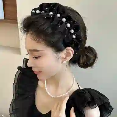 水中玉 高级感褶皱闪钻仿珍珠宽边高颅顶压发发卡发捆头箍头饰 亚克力 发箍 女款