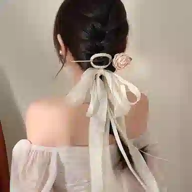 水中玉 山茶花蝴蝶结流苏飘带簪子女新中式盘发发钗汉服旗袍配饰发卡 发簪 女款