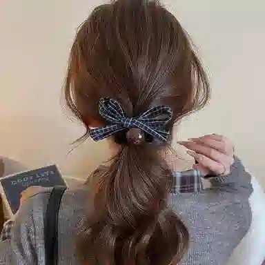 水中玉 格纹蝴蝶结圆珠小肠发圈扎头发绳韩系高马尾丸子头皮筋头饰#好运 布艺 头绳 女款