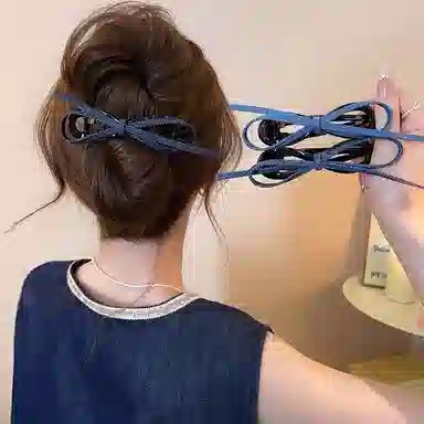 水中玉 韩系复古牛仔蝴蝶结扭扭夹气质一字抓夹后脑勺盘发#好运 亚克力 发夹 女款