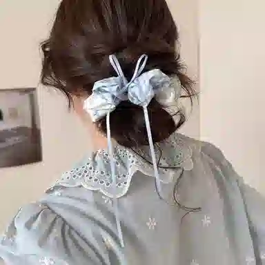 水中玉 蓝色格子蝴蝶结大肠发圈扎头发饰发绳可爱头饰 皮筋 头绳 女款